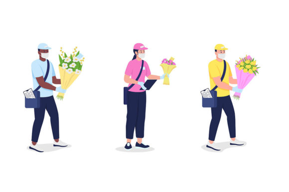 Couriers in Mask and Gloves with Flowers: Graphics for Modern Illustrations